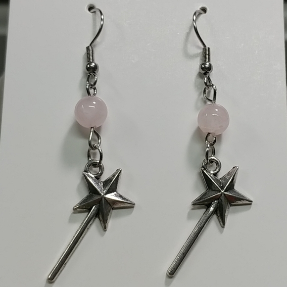 Magic Wand Earrings Natural Rose Quartz Gemstone Crystal Bead Stainless-Steel - Picture 6 of 12